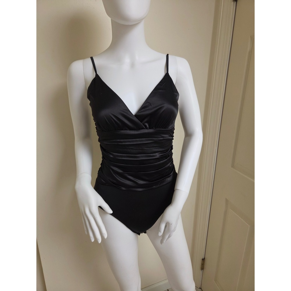 Nanamacs Black Satin Ruched V-Neck Bodice Bodysuit Small Adjustable Straps